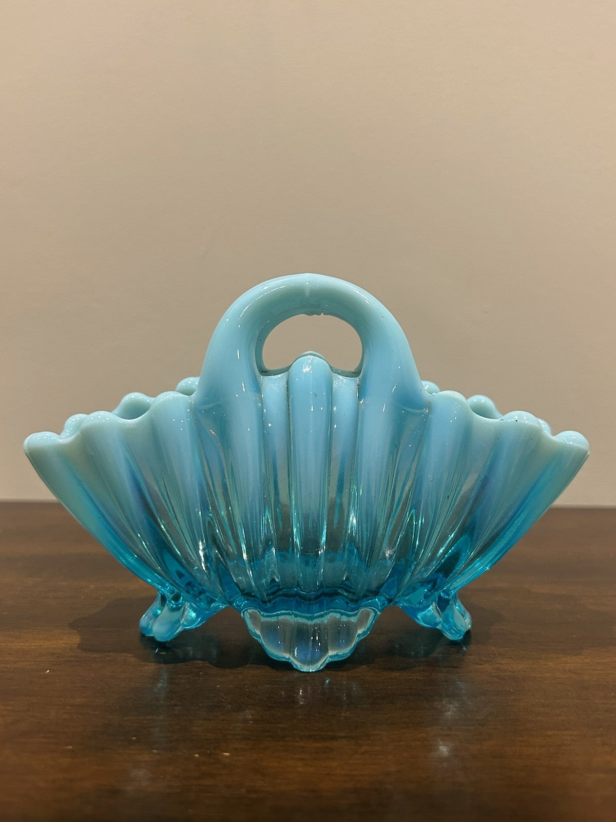 Pair Victorian Blue Pearline Opalescent Glass Basket Vases7