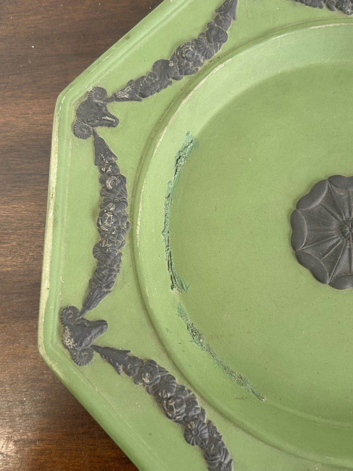 Antique Green Jasperware Octagonal Plate White Relief Swags 19th C 23cm2