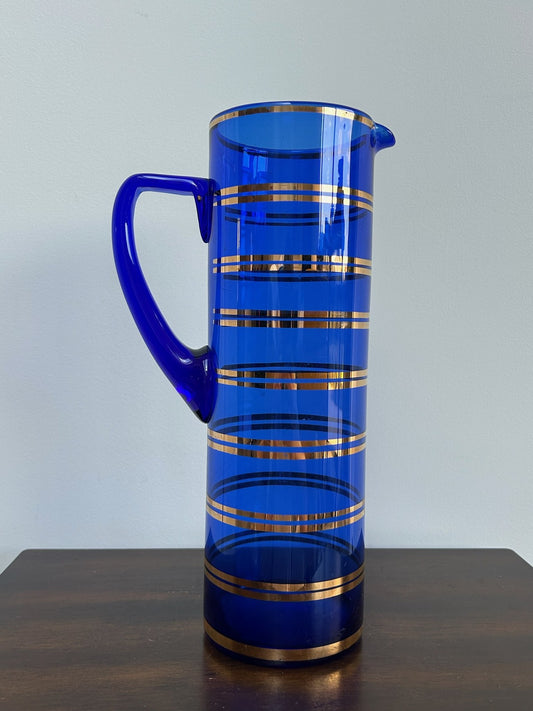 Bohemian Hand Blown Cobalt Blue Glass Jug Gilt Bands0
