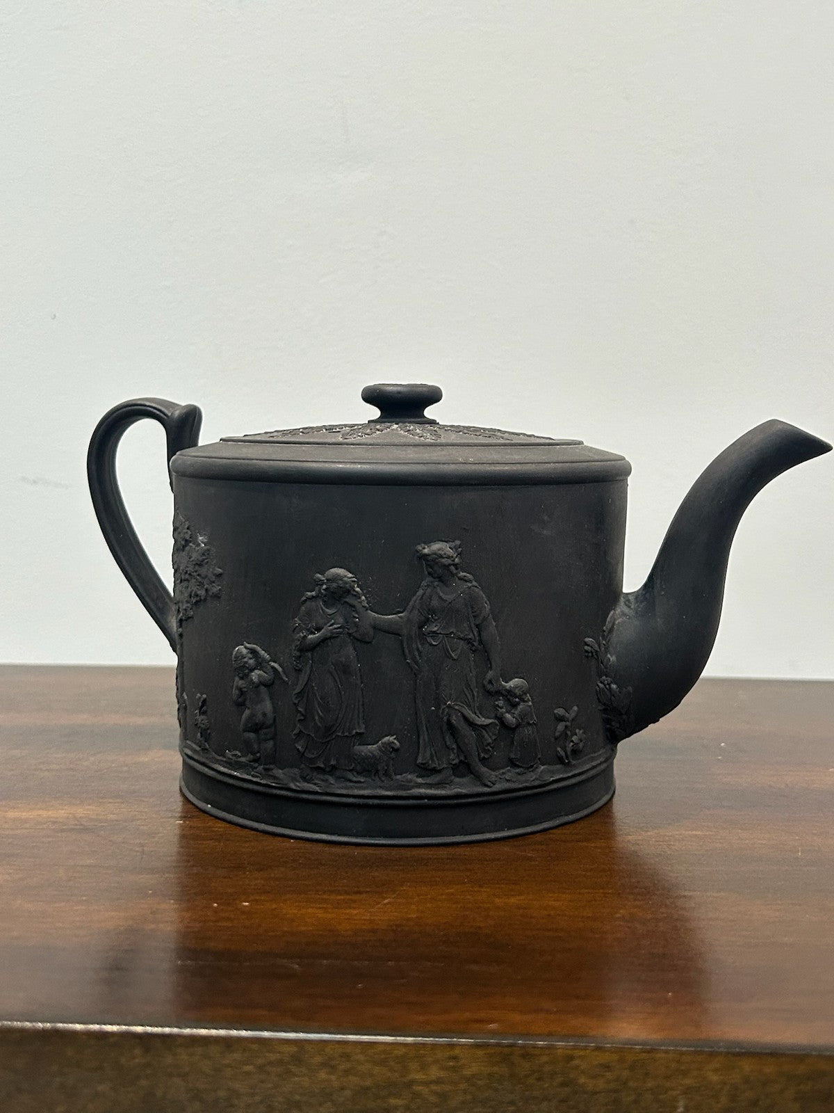 Wedgwood Black Basalt Teapot Classical Relief Figures Impressed Mark2