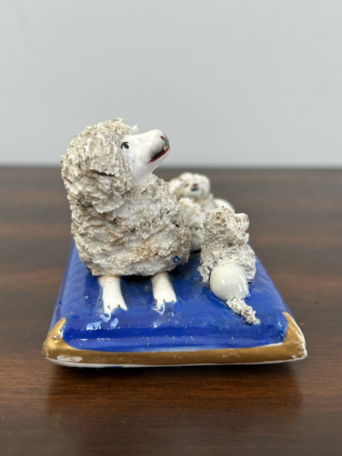 Antique Staffordshire Porcelain Poodle on Cobalt Cushion Crumb Texture1