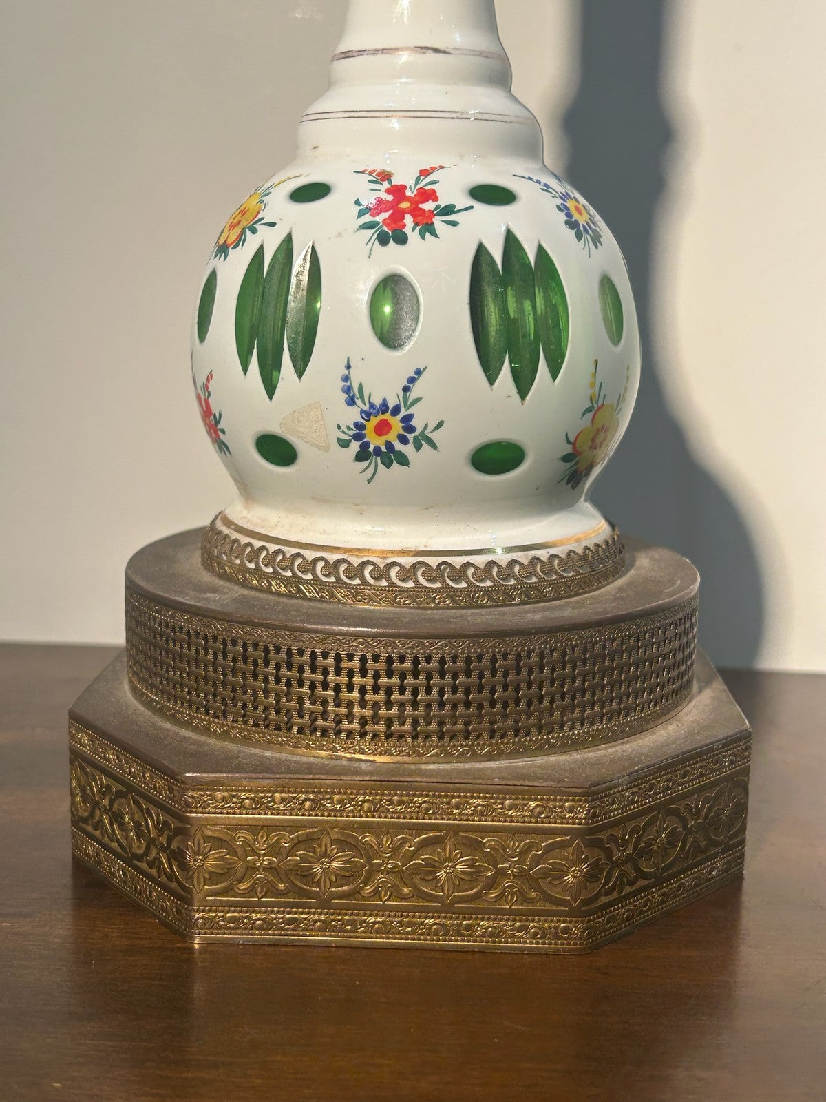 Antique Bohemian Overlay Glass Oil Lamp White Cut Green Hand Enamelled Brass10
