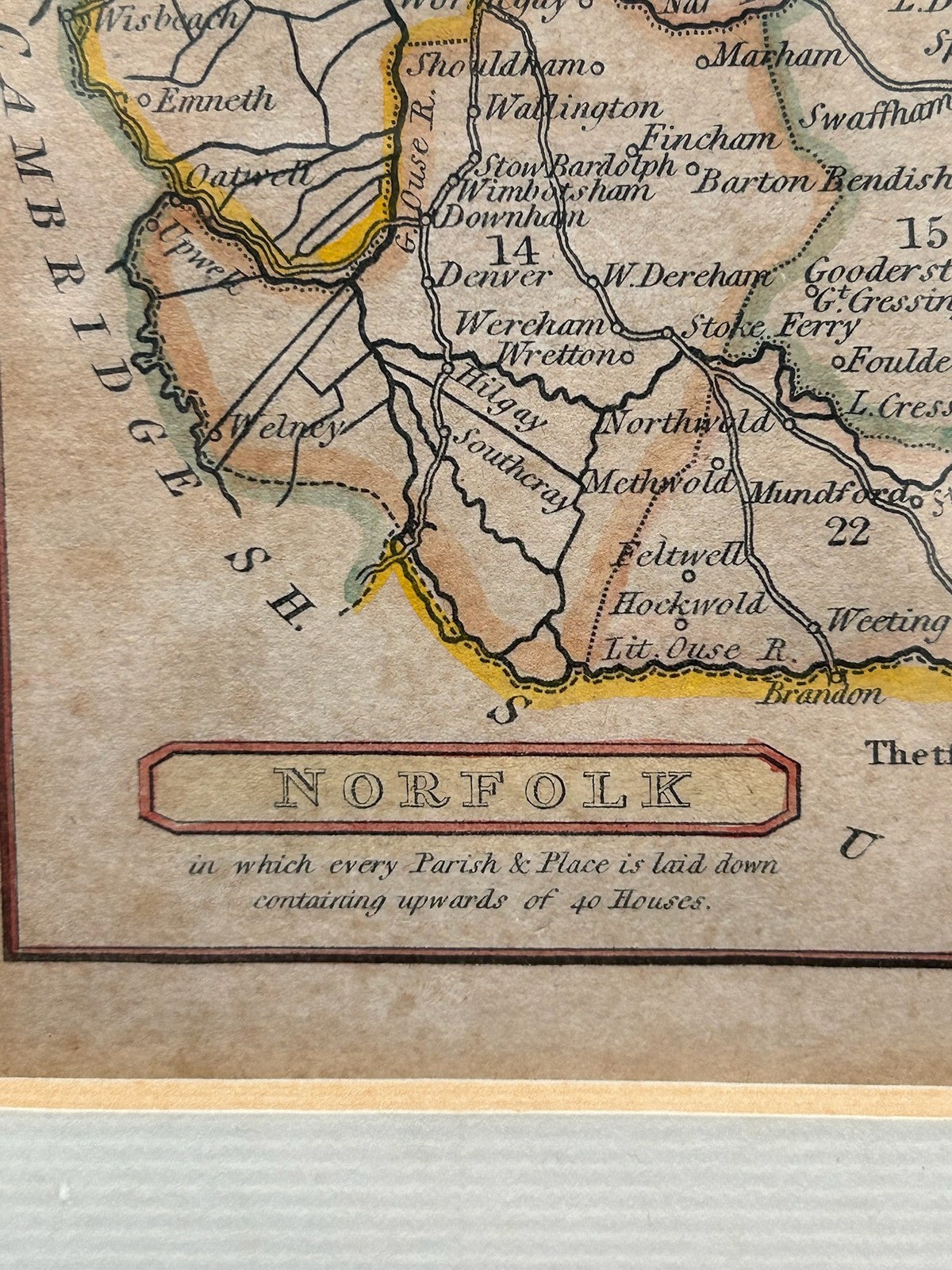Antique Map of Norfolk Joshua Archer c1845 Hand Coloured Framed3