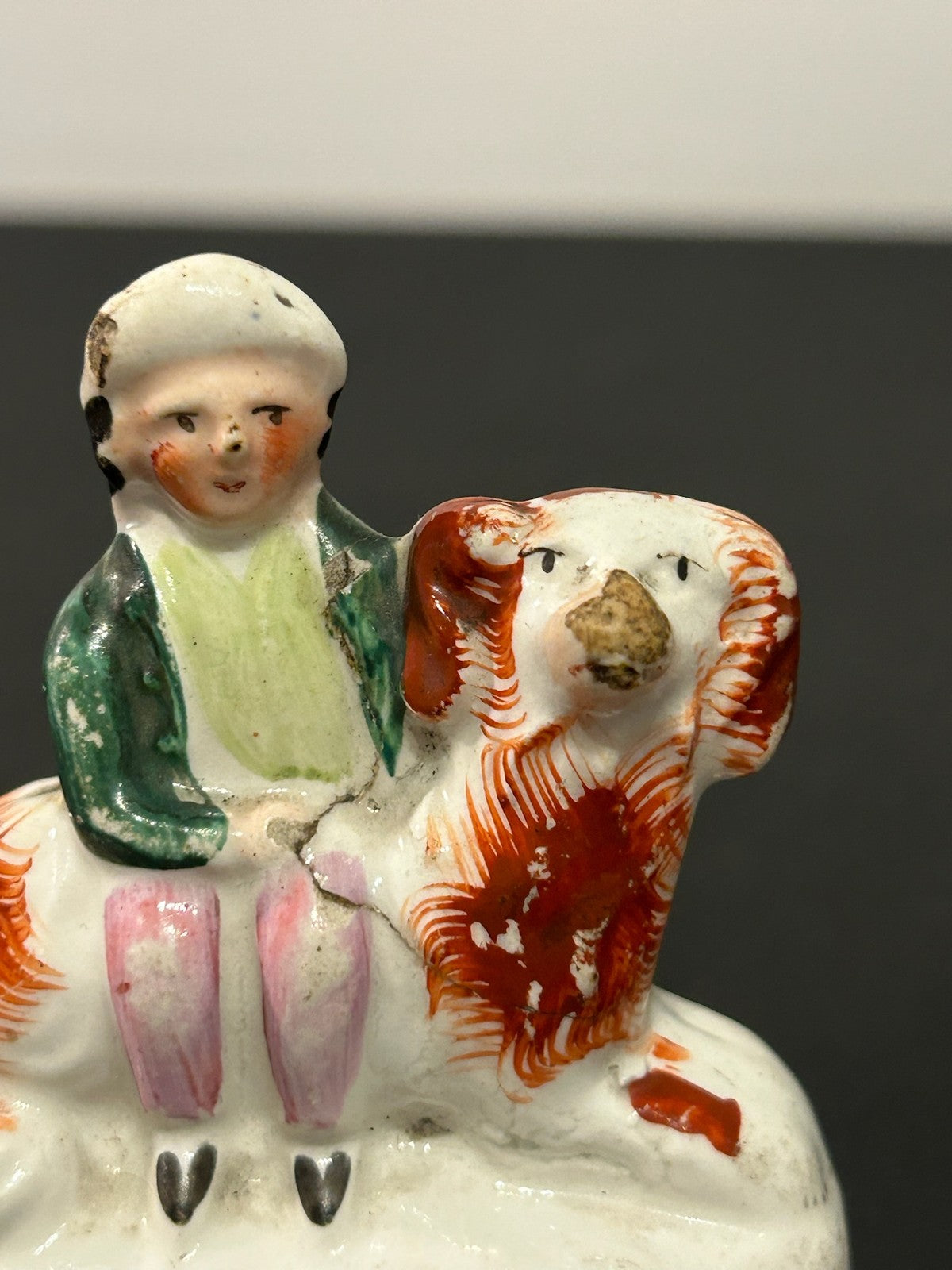 Antique Victorian Staffordshire Miniature Figure Boy Seated on Spaniel Dog 7cm4