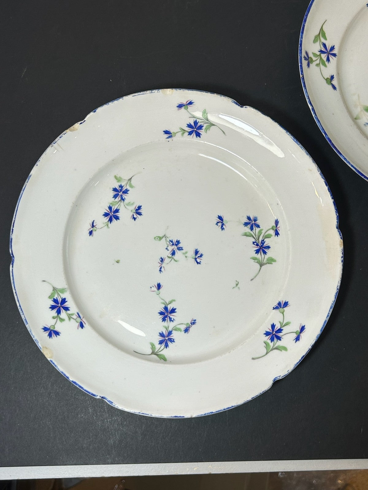 Pair Antique Plates Blue Cornflower Sprig Barbeau Pattern Blue Rim 24cm1