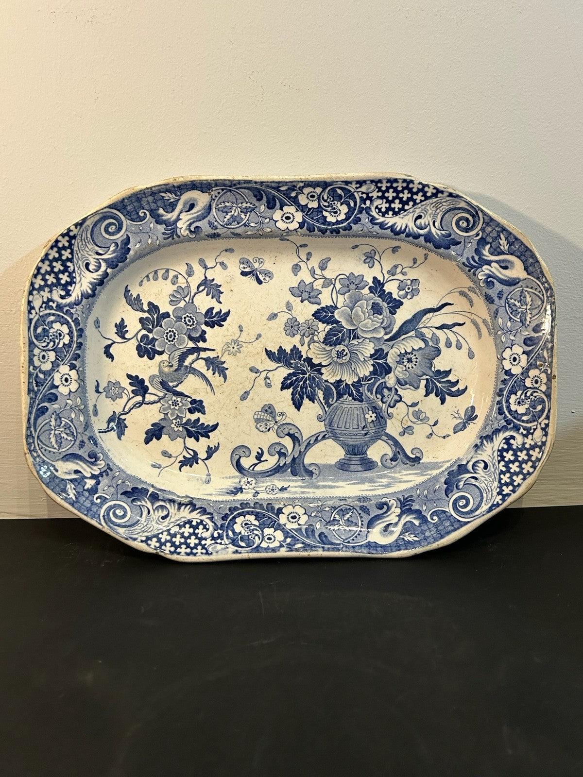 Antique Blue and White Transfer Printed Octagonal Dish Flowers in Urn 28cm0