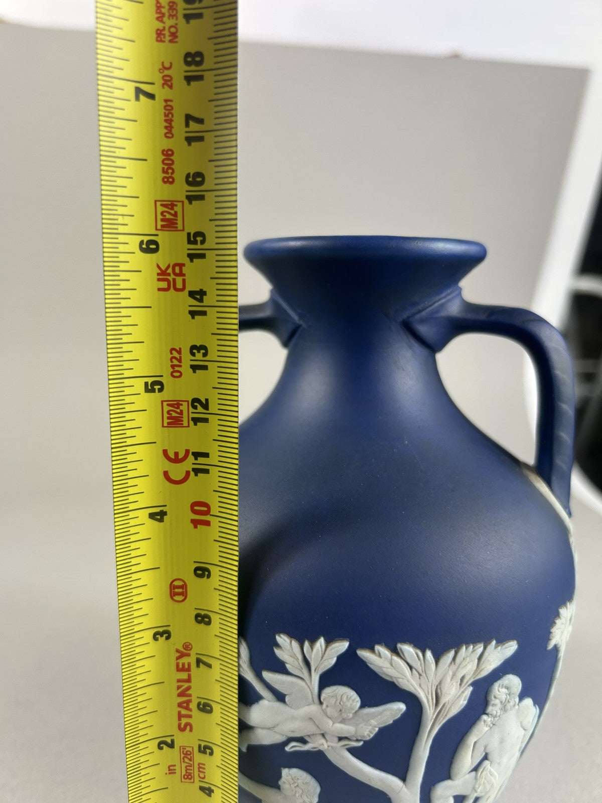 Wedgwood blue jasperware Portland Vase style miniature, 15cm