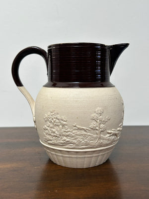 Antique Turner Stoneware Jug Hunting Relief Georgian Regency Drab Sprigged