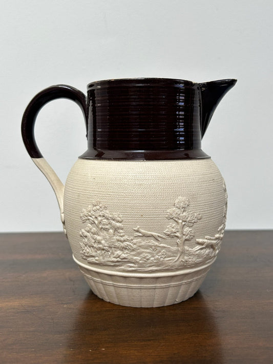 Antique Turner Stoneware Jug Hunting Relief Georgian Regency Drab Sprigged0