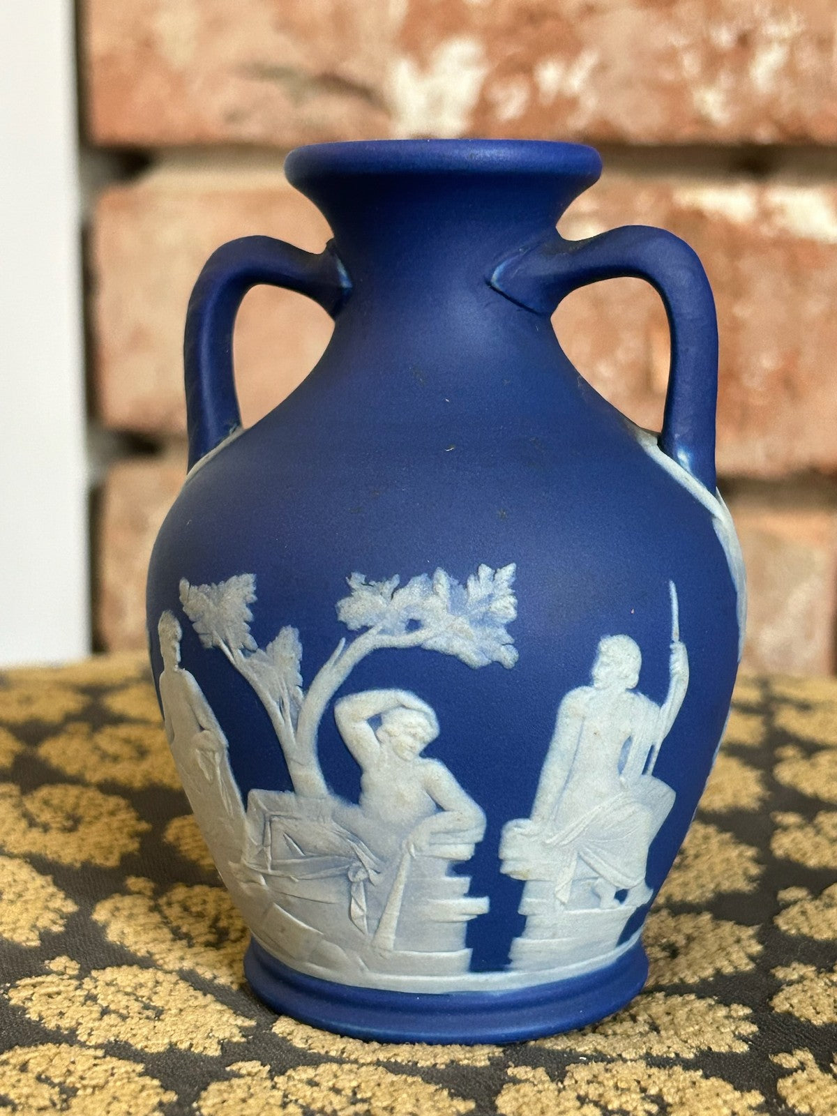 Wedgwood Dark Blue Jasperware Portland Vase Twin Handled Classical White Relief2
