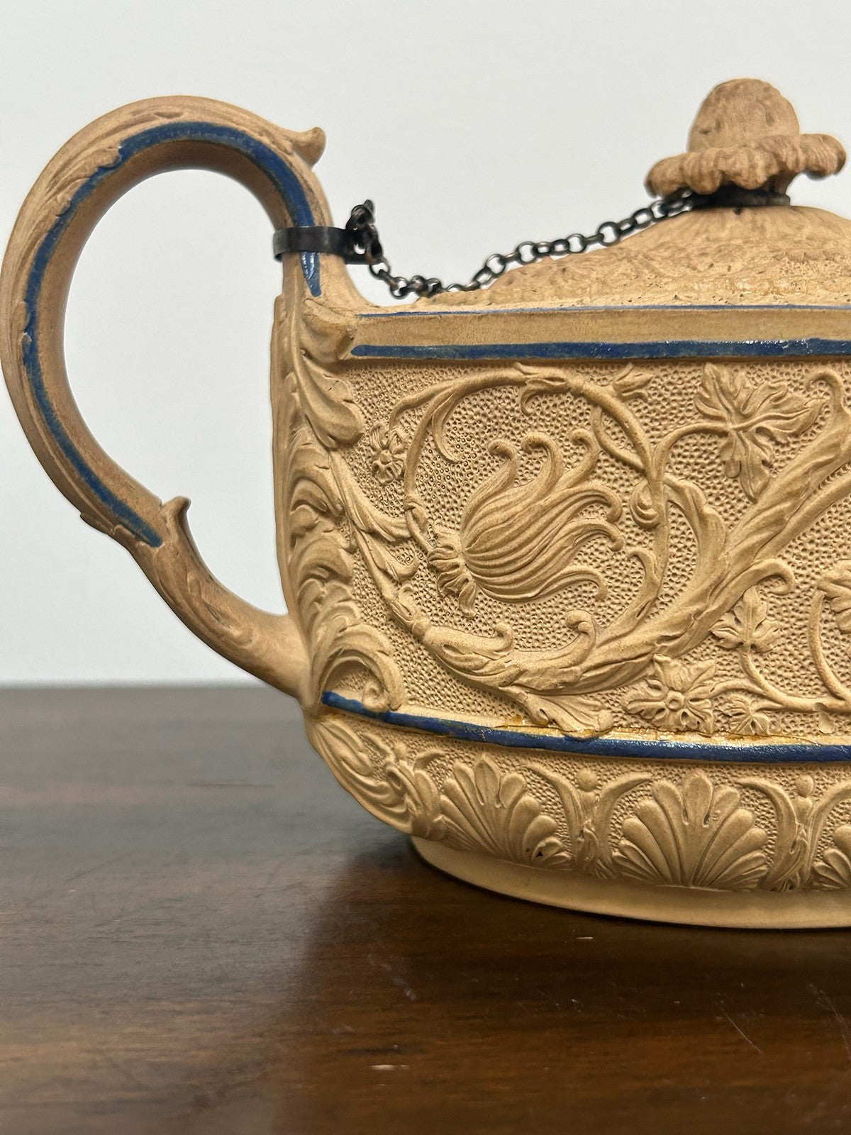 Antique Caneware Teapot Regency c1815 Relief Blue Line Silver Spout Stoneware10