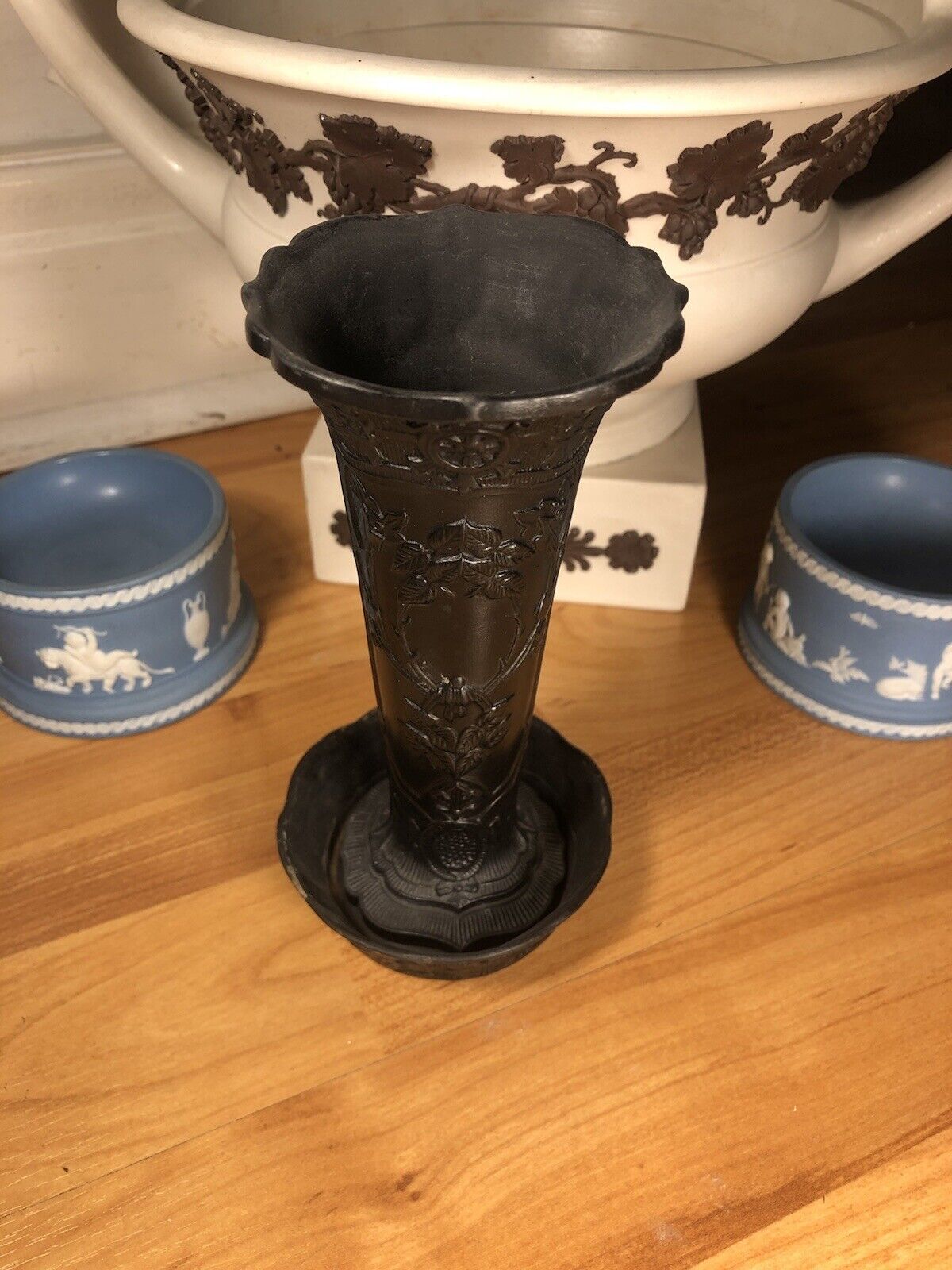 Wedgwood basalt vase and spill plate