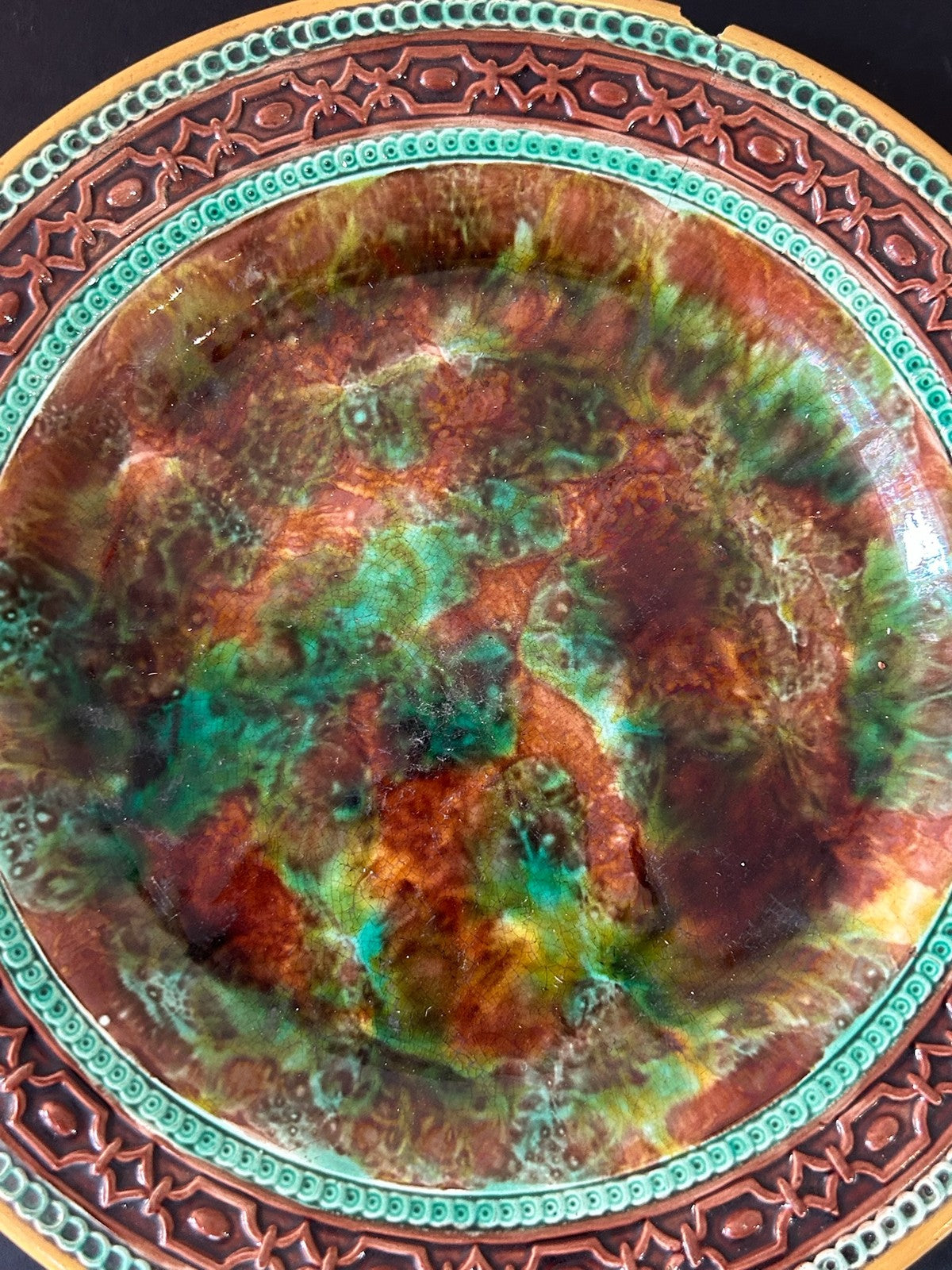 Antique George Jones Majolica Plate GJ Monogram Mottled Glaze Victorian 23cm A/F3
