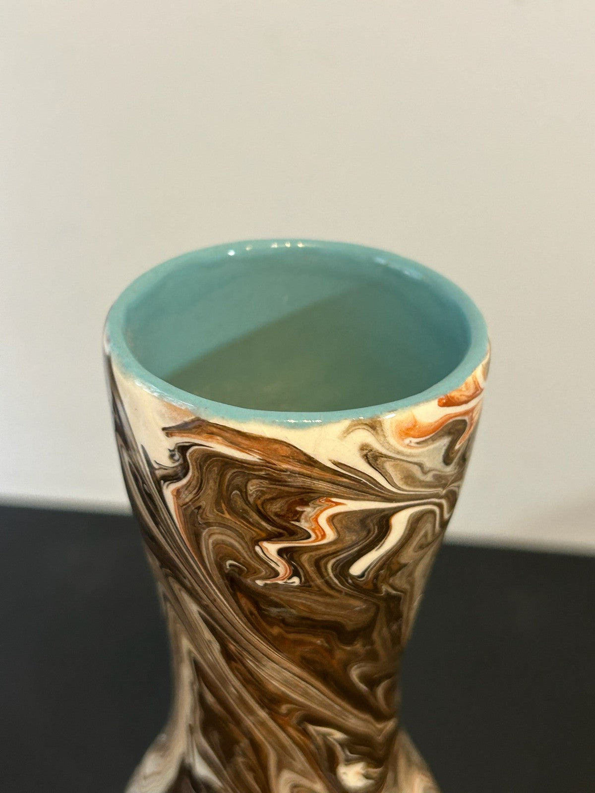 1960s Italian Marbled Agate Pottery Bottle Vase Brown Cream Swirl 28cm5
