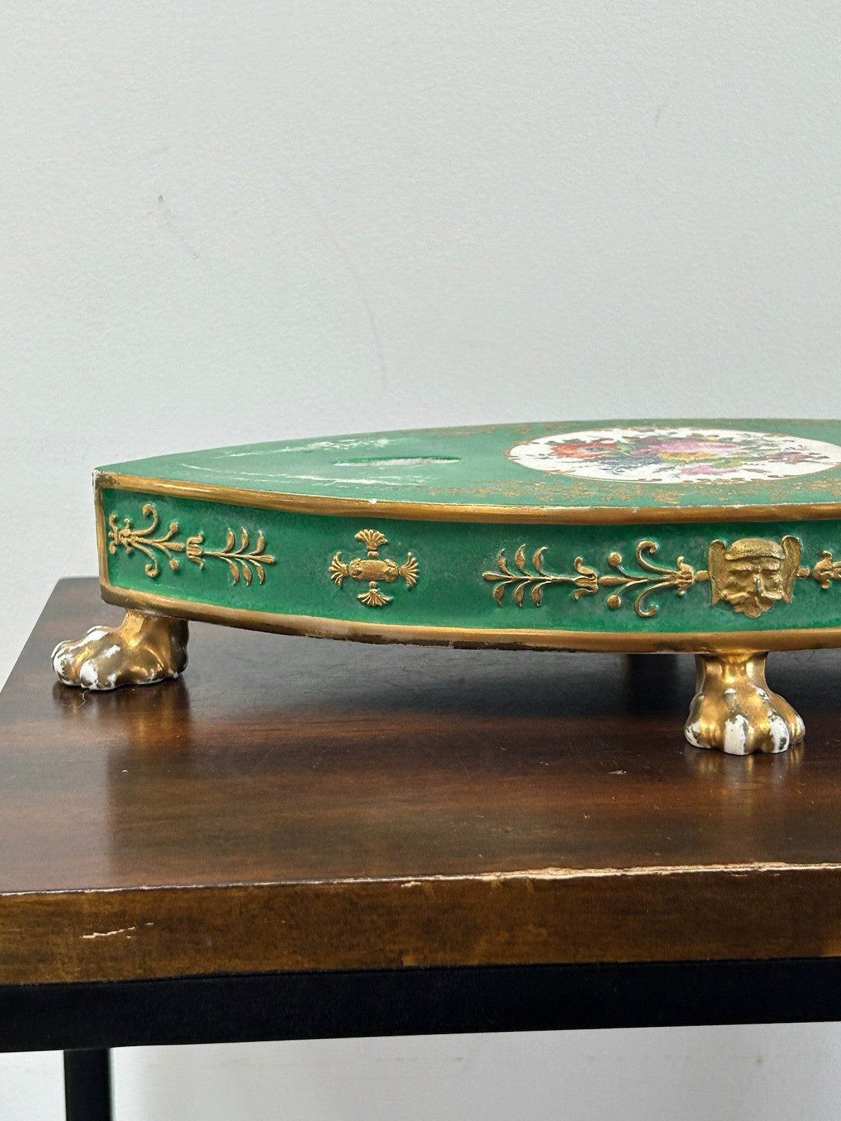Antique Green Ground Porcelain Plateau Stand Gilt Paw Feet Floral Centre1