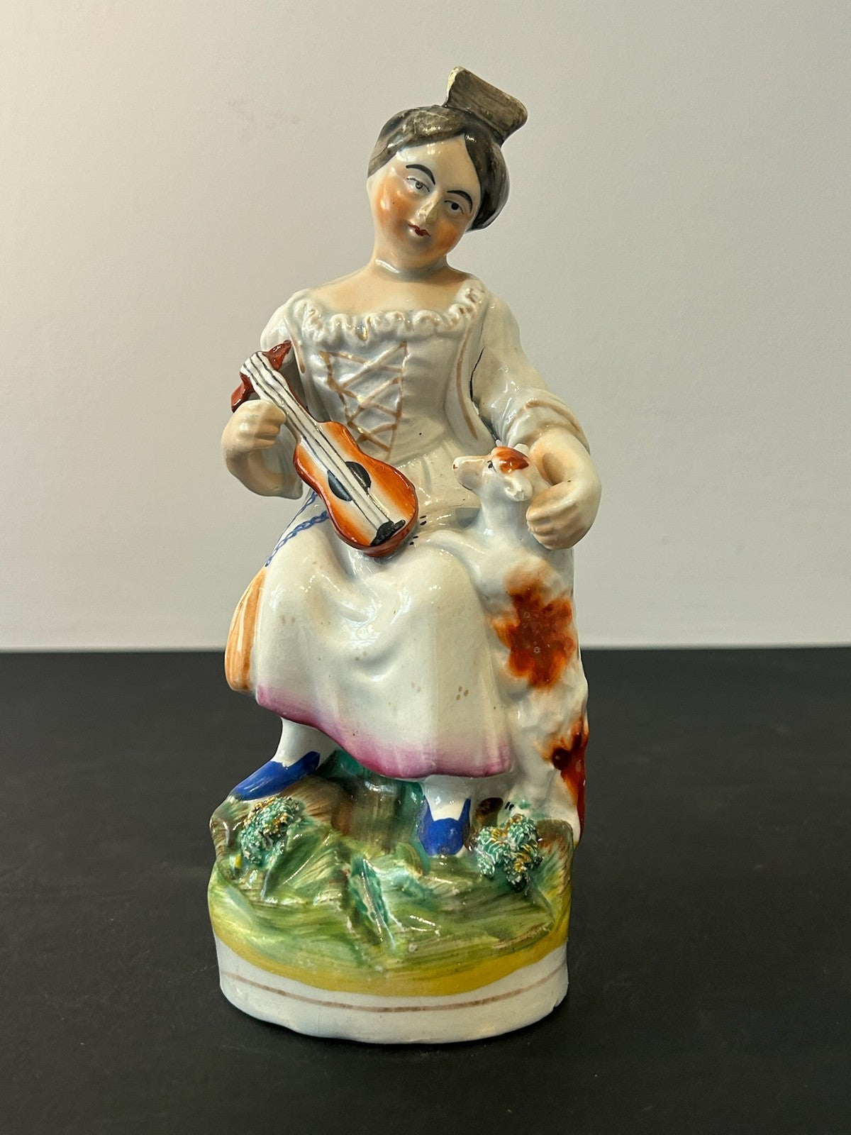 Antique Victorian Staffordshire Figure Seated Girl Playing Mandolin Flowers 20cm0