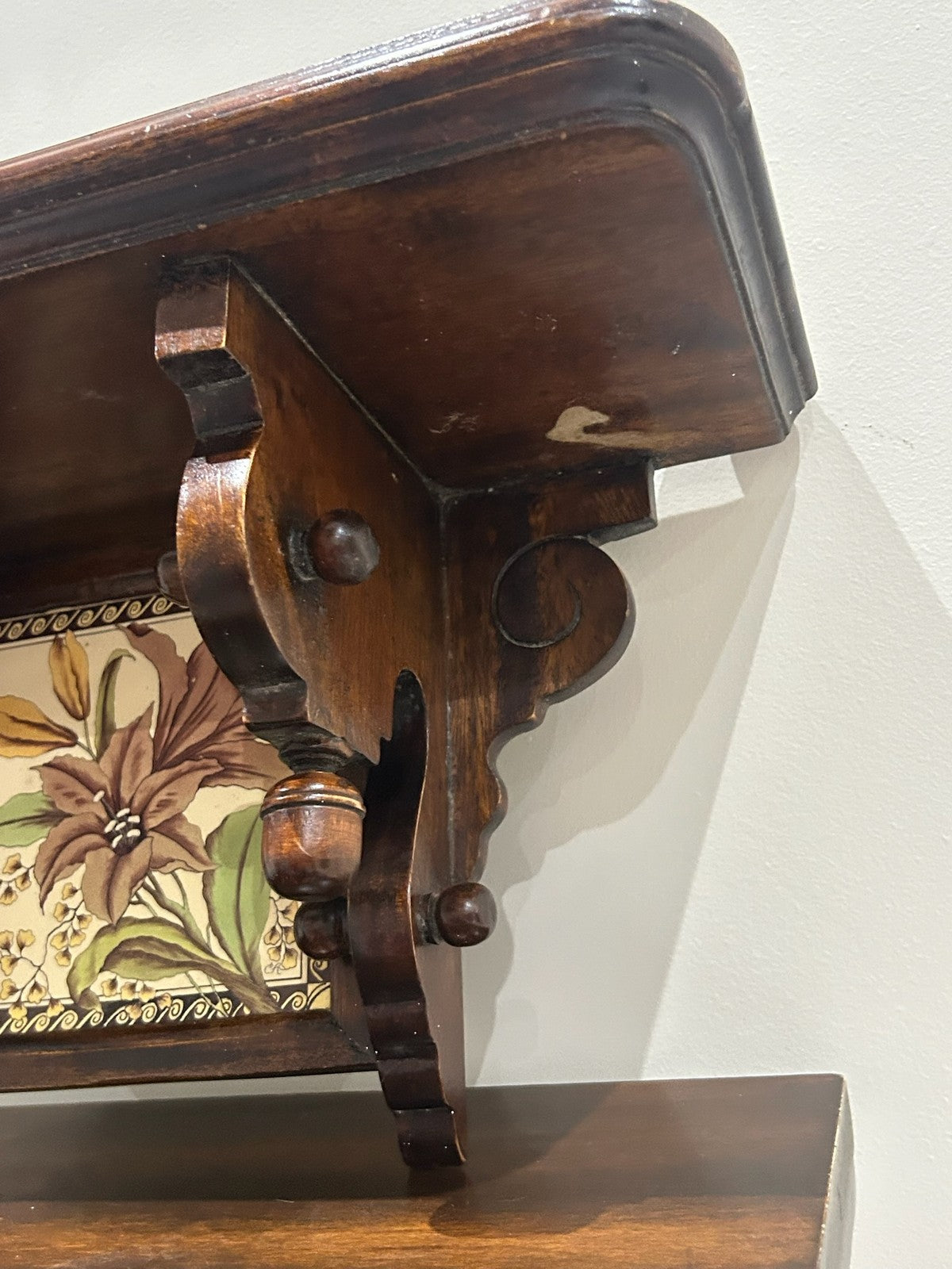 Carved Wood Wall Bracket Shelf Inset Victorian Lily Tile4