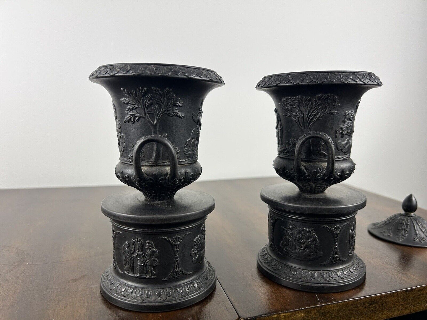 Pair Wedgwood Basalt Pedestal Urn Pair - 19th C Jasperware