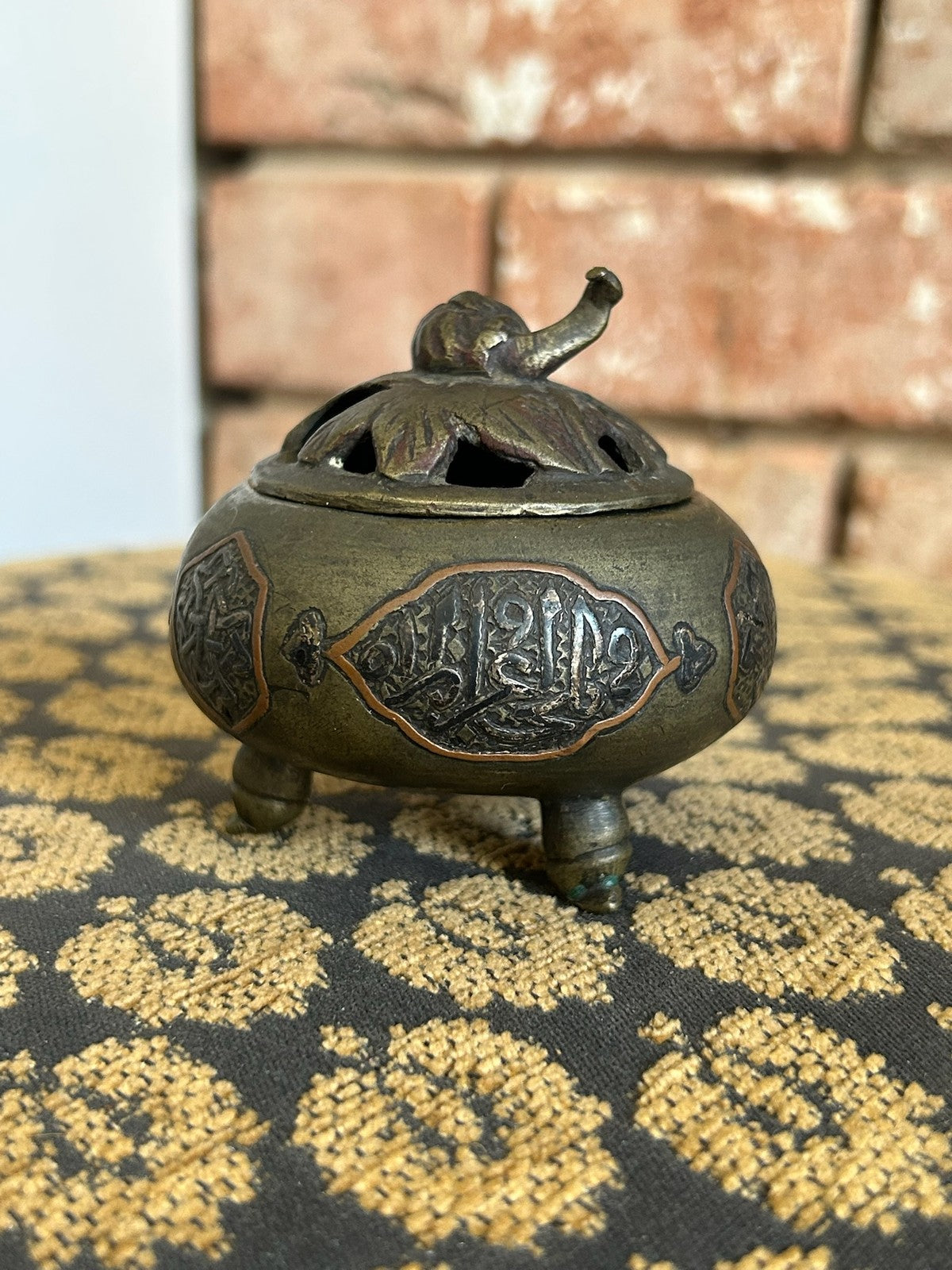Antique Islamic Metal Incense Burner Censer Copper Calligraphy Panels Tripod2
