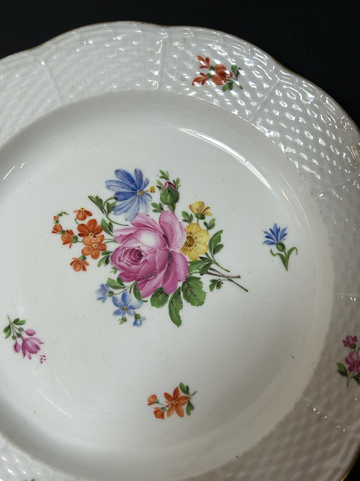 Antique Meissen Porcelain Plate Deutsche Blumen Basketweave Border 19cm A/F1