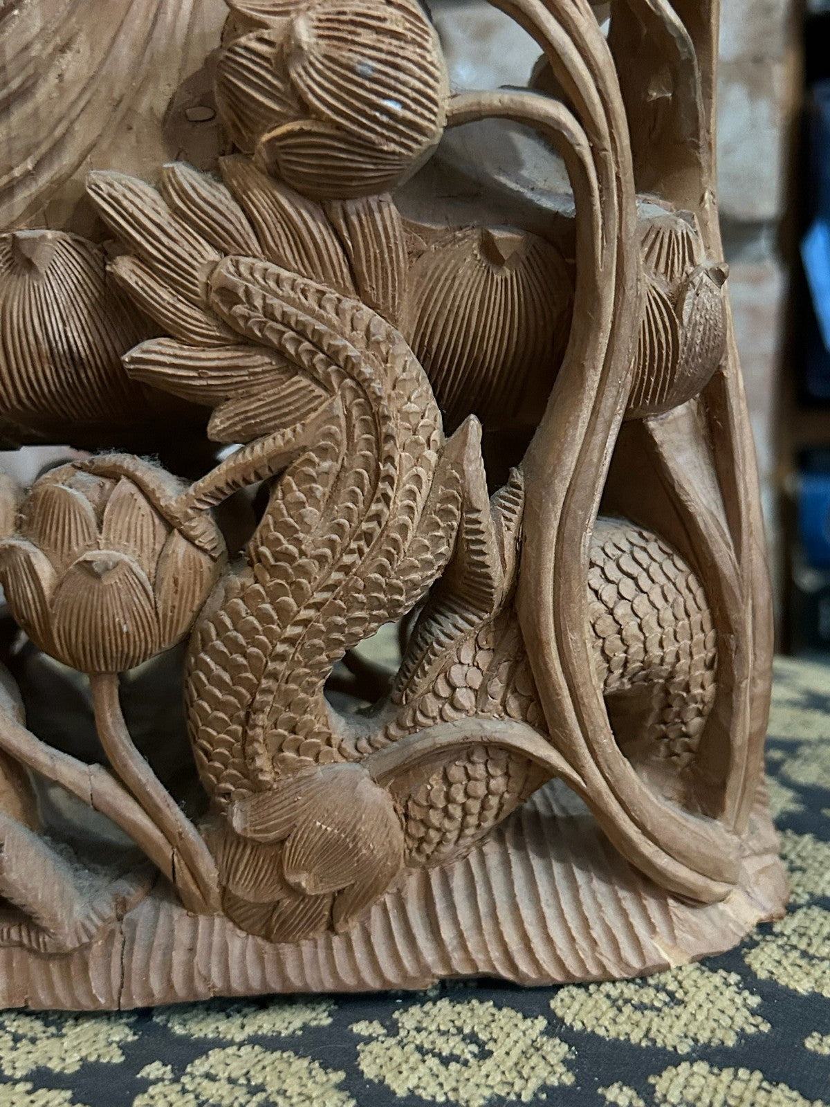 Chinese Carved Wood Guanyin Figure Group Dragons Lotus Deeply Carved Panel15