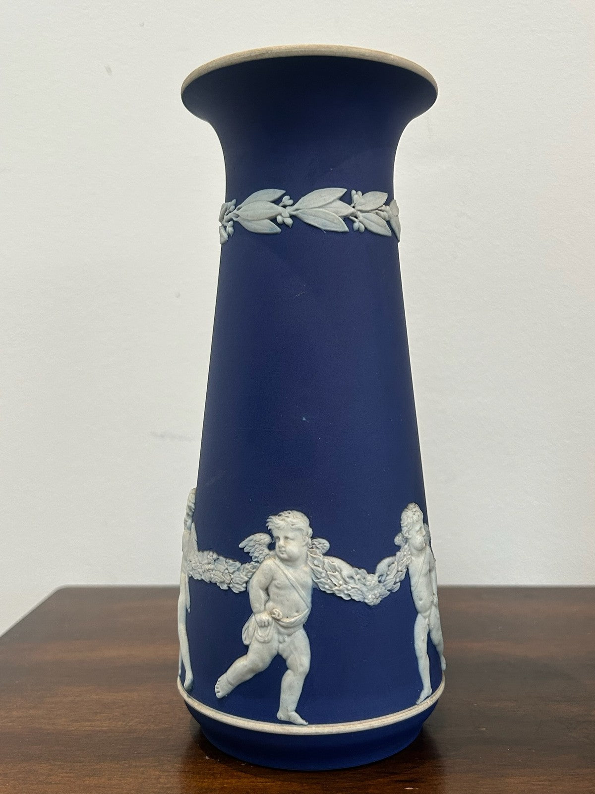 Pair Antique Wedgwood Portland Blue Jasperware Vases Cherubs Cupids (One A/F)1