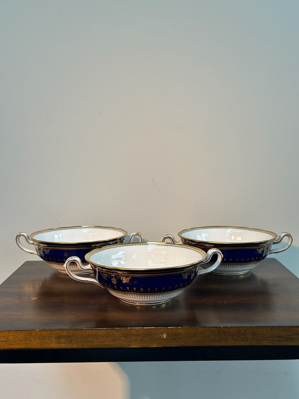 Spode Lancaster R8950 Cobalt Blue Gilt Bone China Cream Soup Bowls Set of Three1