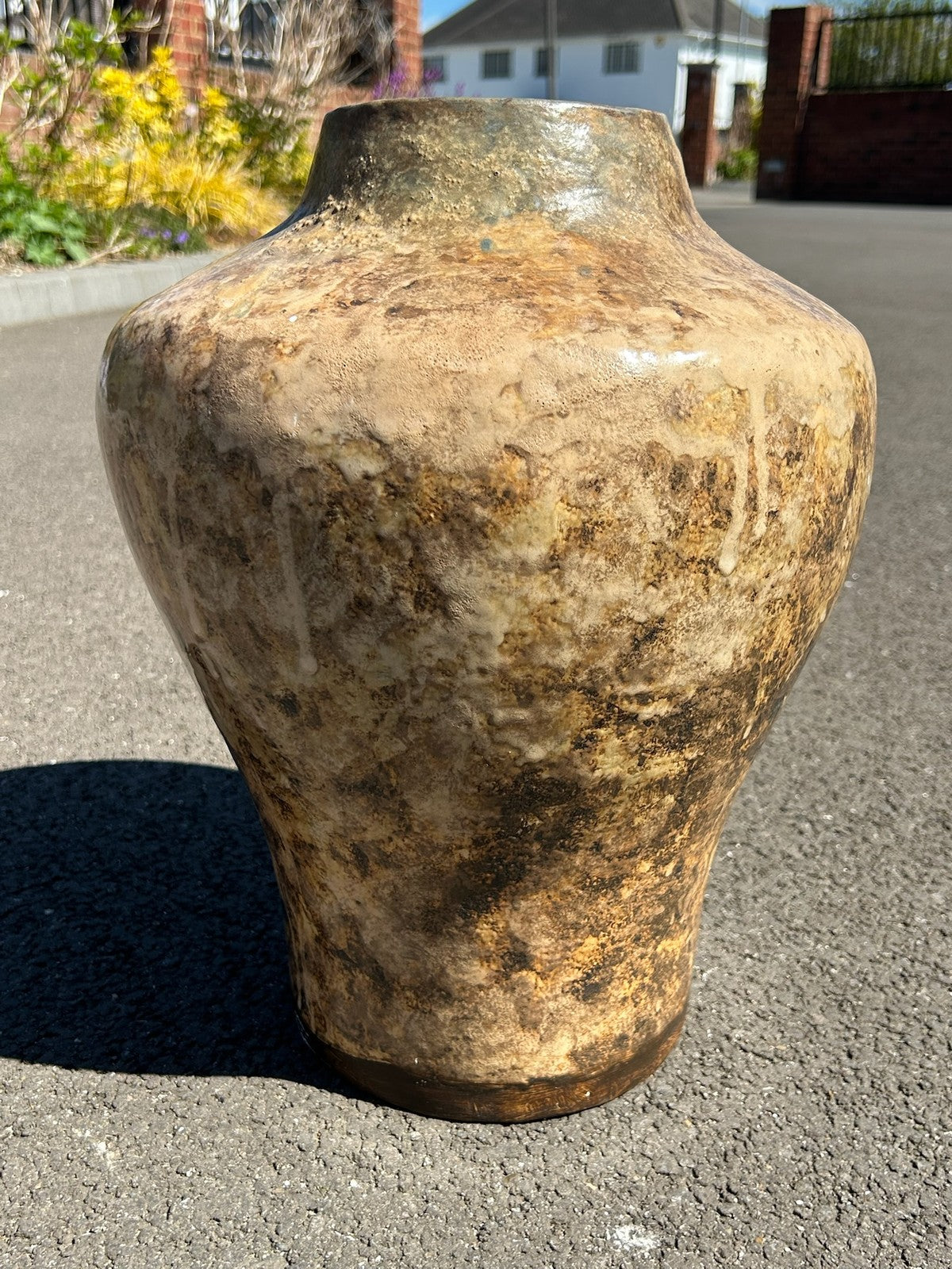 Averil Ainley Studio Pottery Vase Large Mottled Brown Cream Glaze Signed Label1