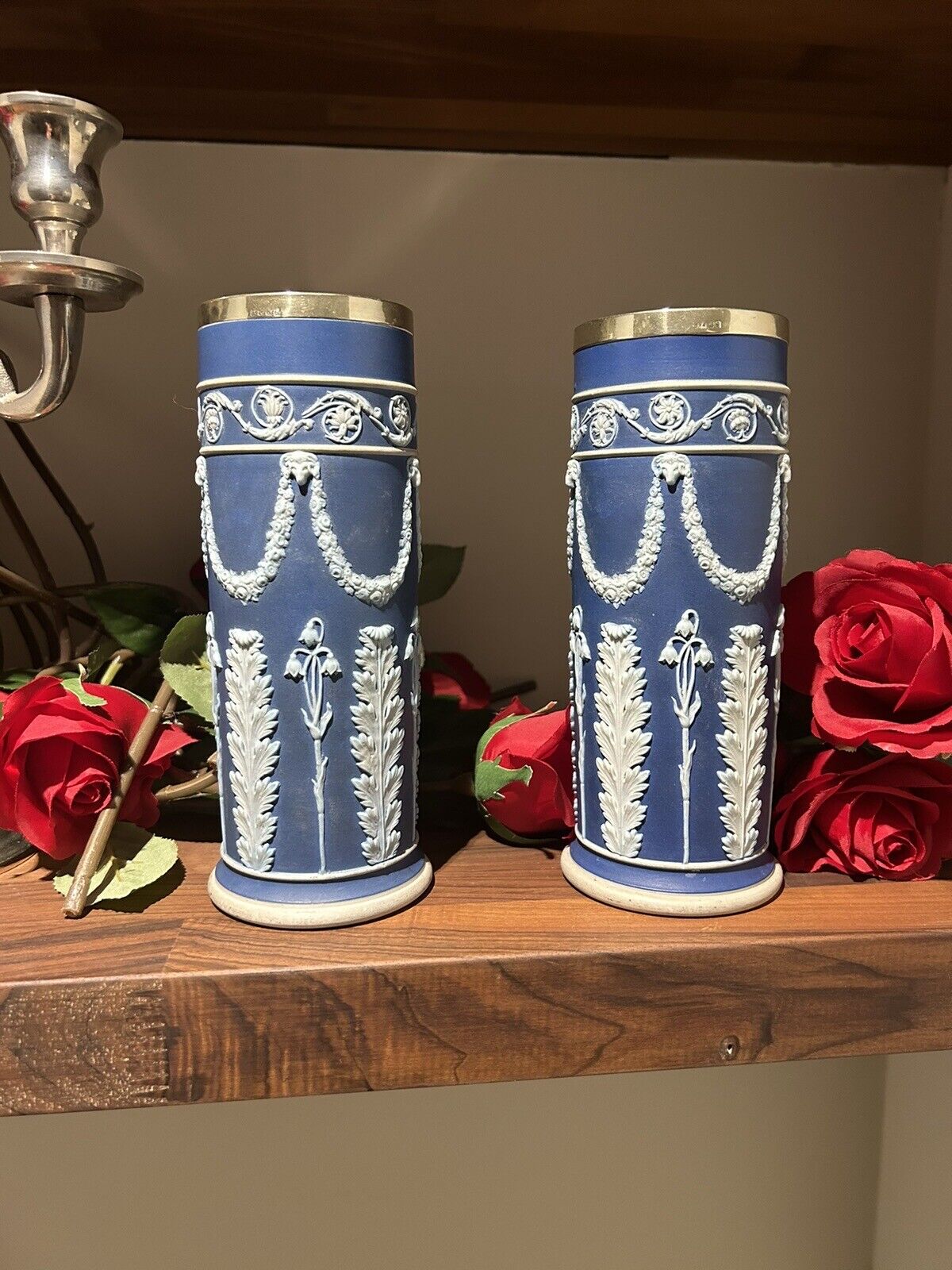 Wedgwood Jasperware Silver Rim Pair Acanthus Spill Vases