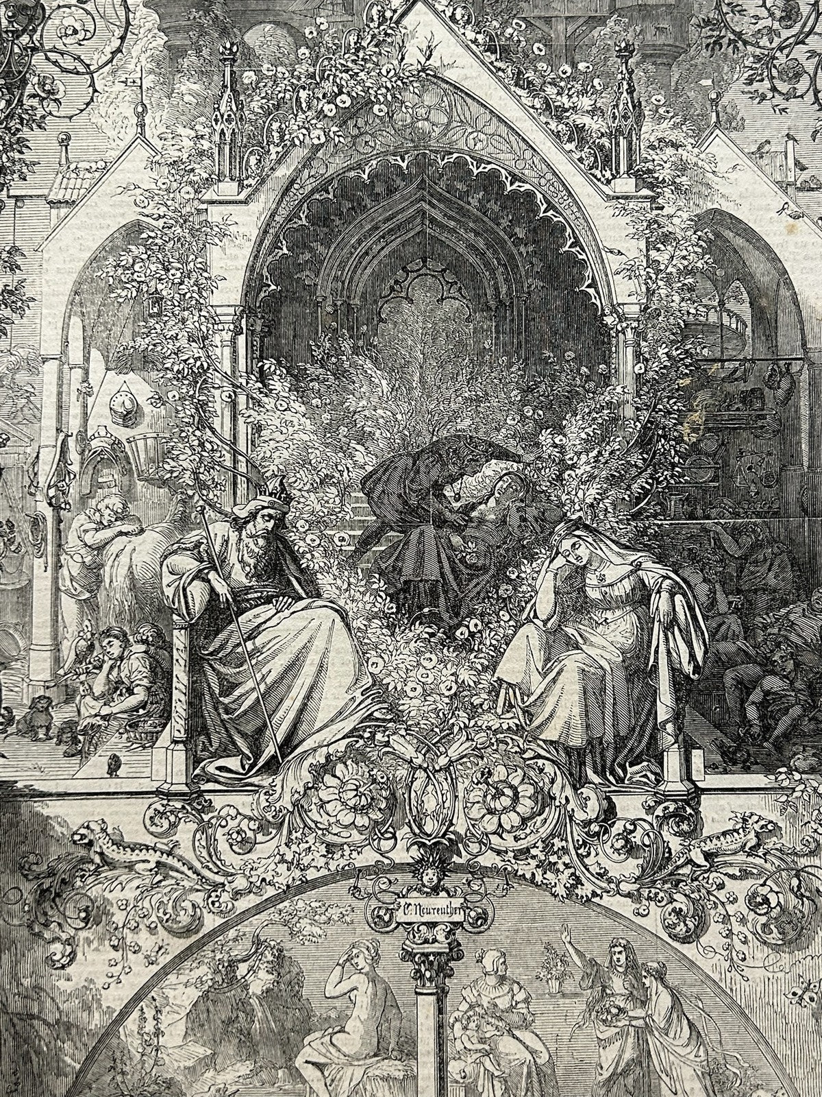 Antique Victorian Wood Engraving Sleeping Beauty in the Wood by Neureuther3