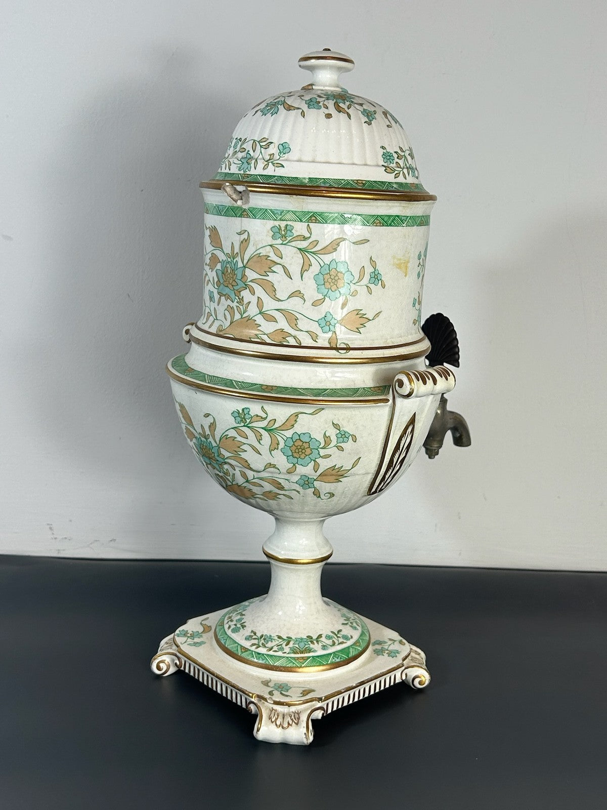 Antique Victorian Wedgwood Beanes Patent Tea Infuser Urn Green Floral Gilt 35cm3