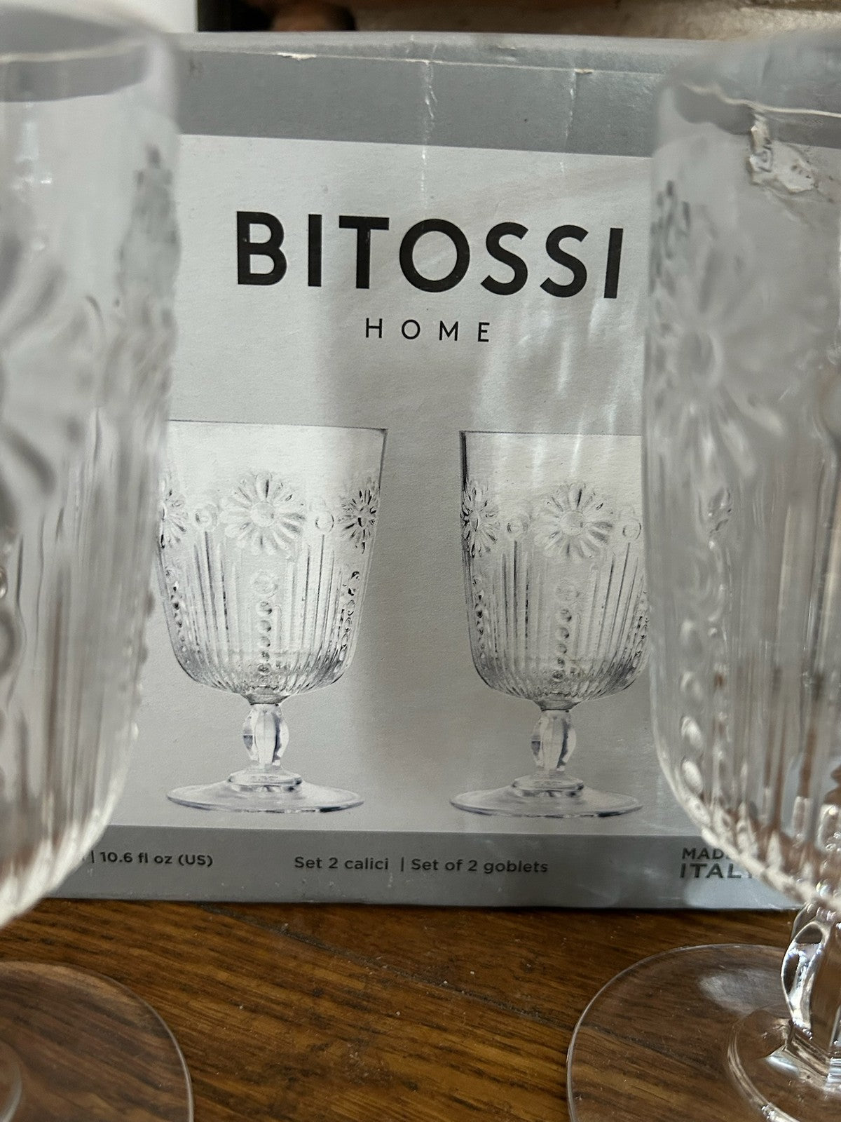 Bitossi Home Pair Embossed Glass Goblets Wine Water Glasses Boxed Made in Italy3
