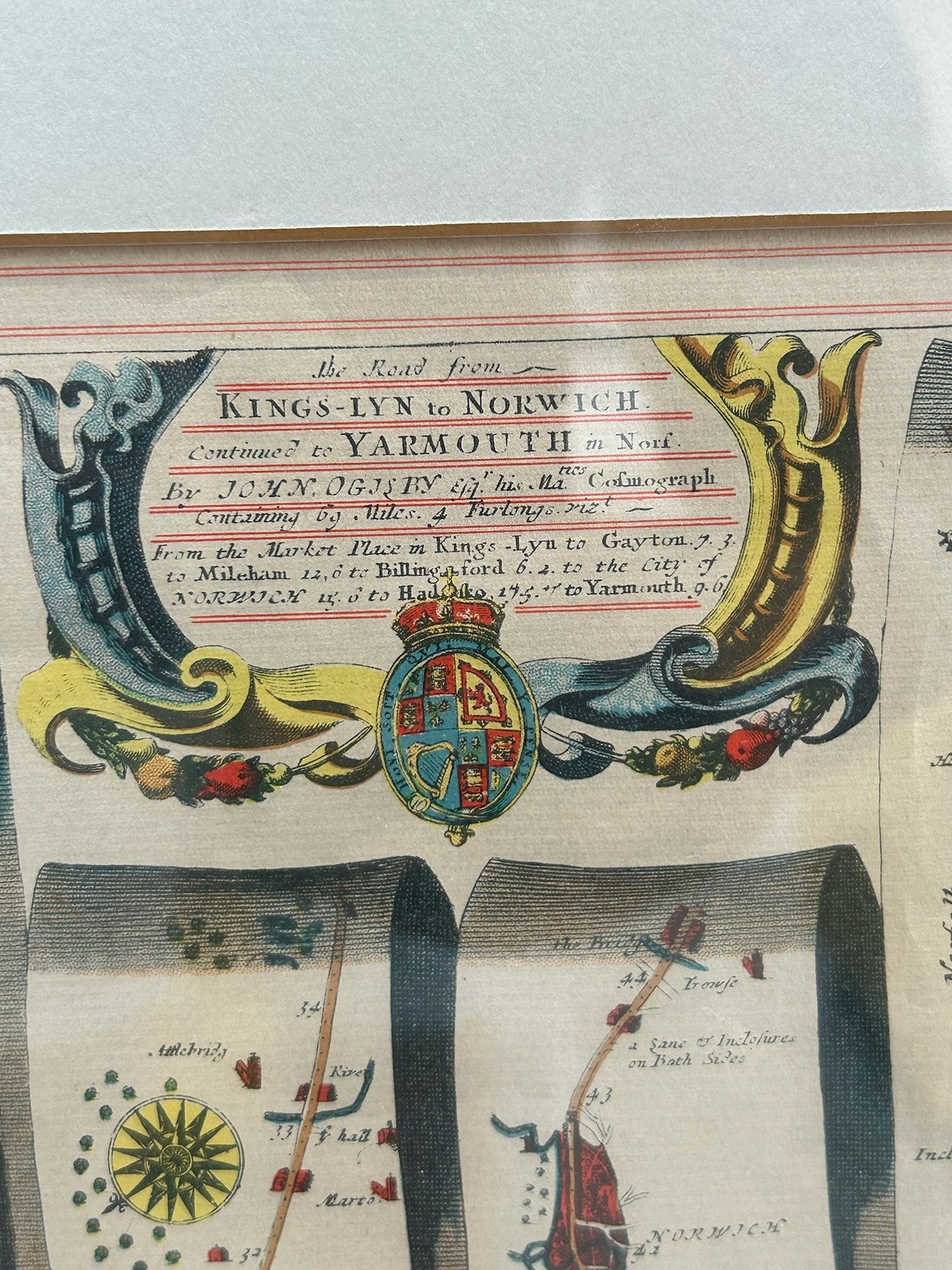Pair John Ogilby Britannia Strip Road Maps Norfolk c1675 Hand Coloured Framed1