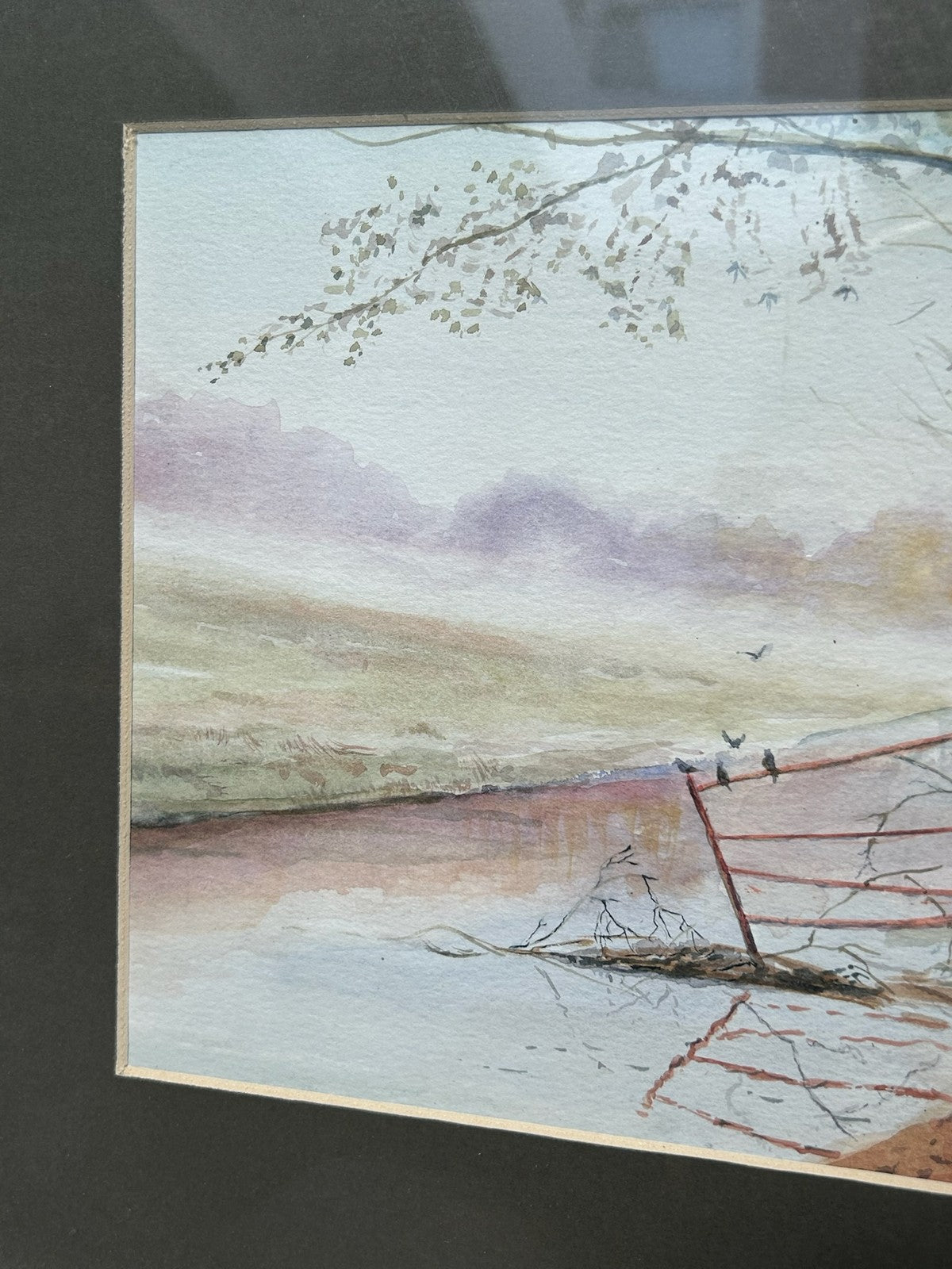 Original Watercolour Landscape River & Tree Pastel Sky Signed Framed0