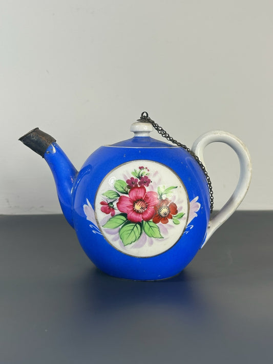 Antique Russian Gardner Porcelain Teapot Blue Ground Floral Reserve Metal Spout0