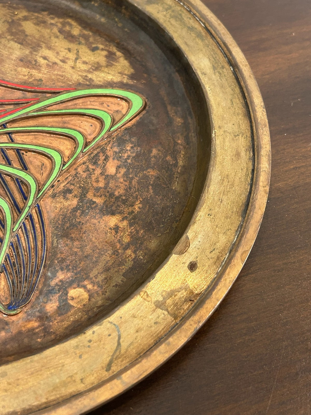 French Art Deco Dinanderie Copper Brass Tray Enamel Fan Motif c.1925404