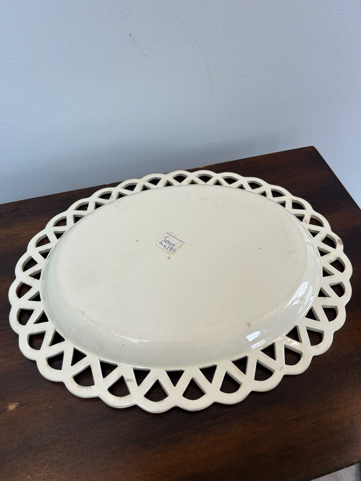Antique Creamware Oval Dish Pierced Lattice Rim Painted Leaf Border c1800 30cm5