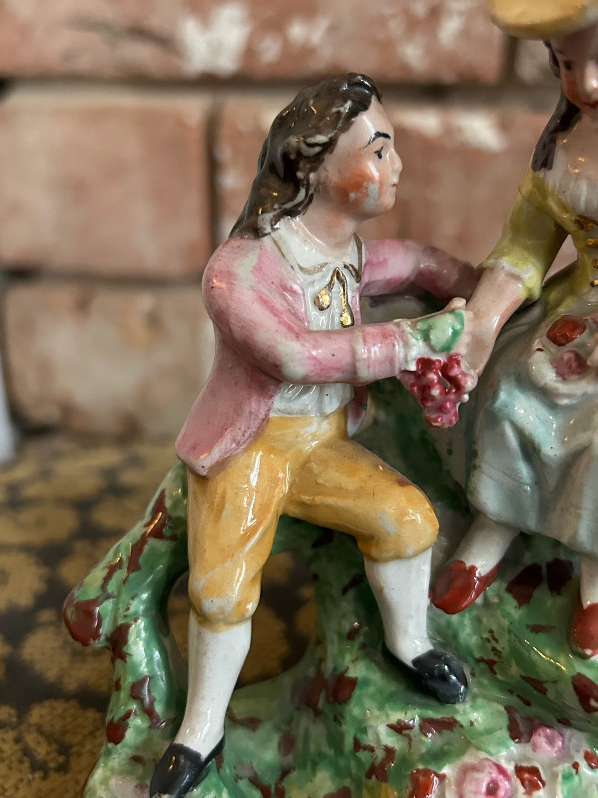 Antique Continental Porcelain Figural Group Courting Couple Flower Encrusted3