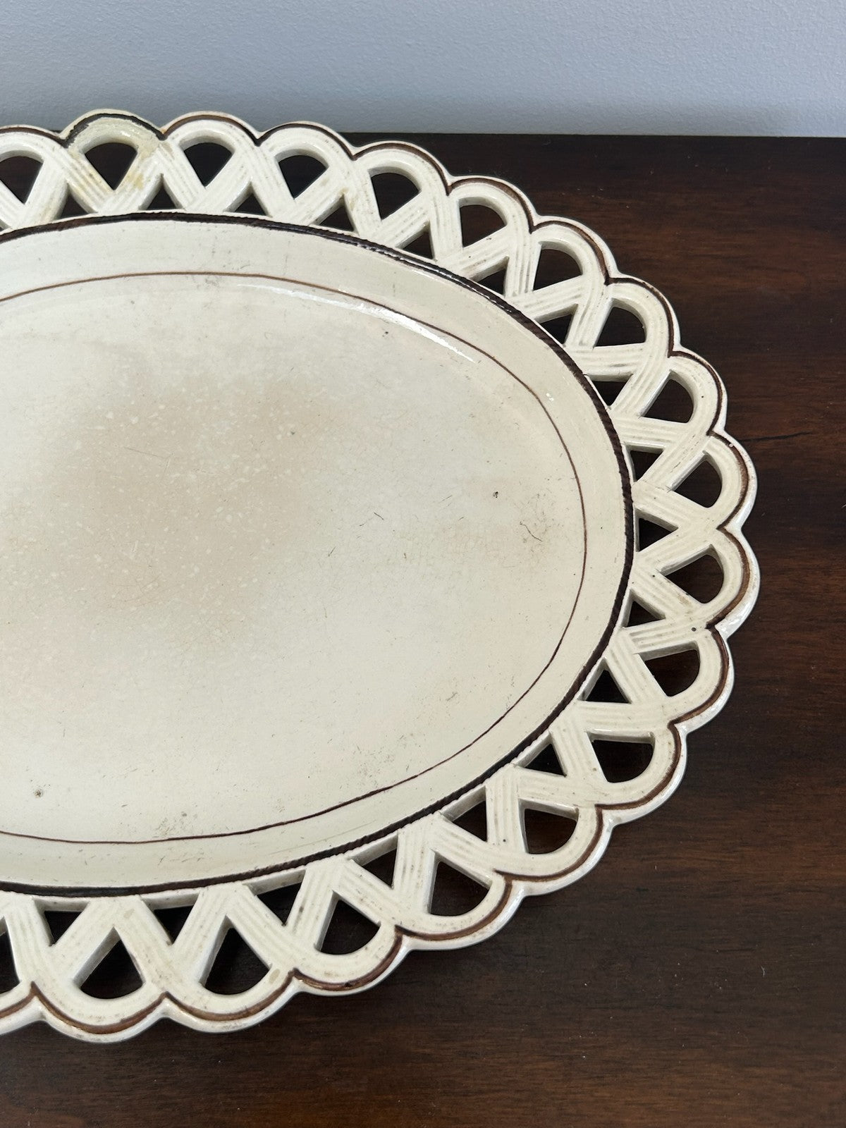 Antique Creamware Oval Dish Interlaced Pierced Border Brown Line2