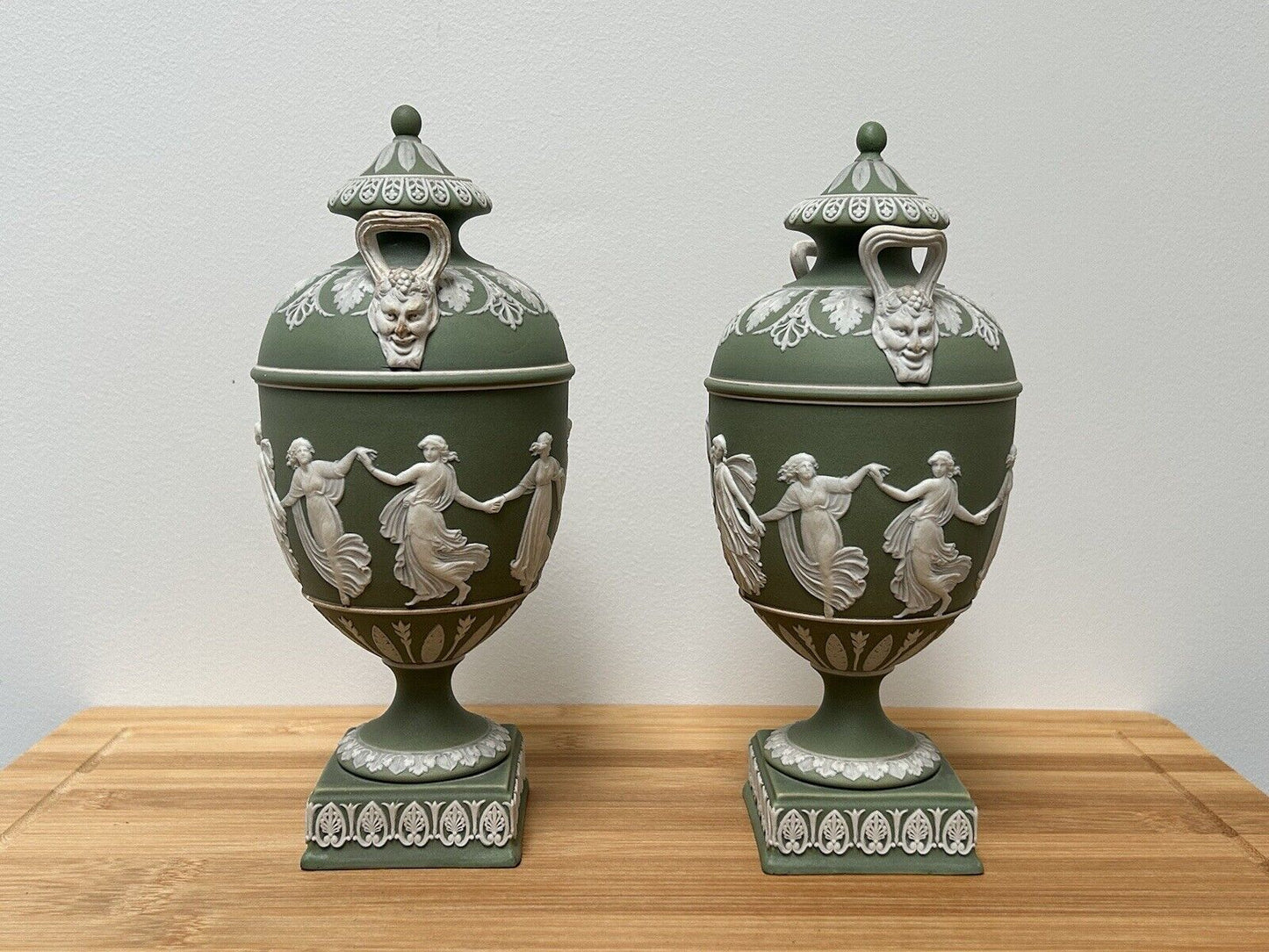 Wedgwood Pair Jasperware Twin Handle Vases Lidded Pair 23cm Urn Green