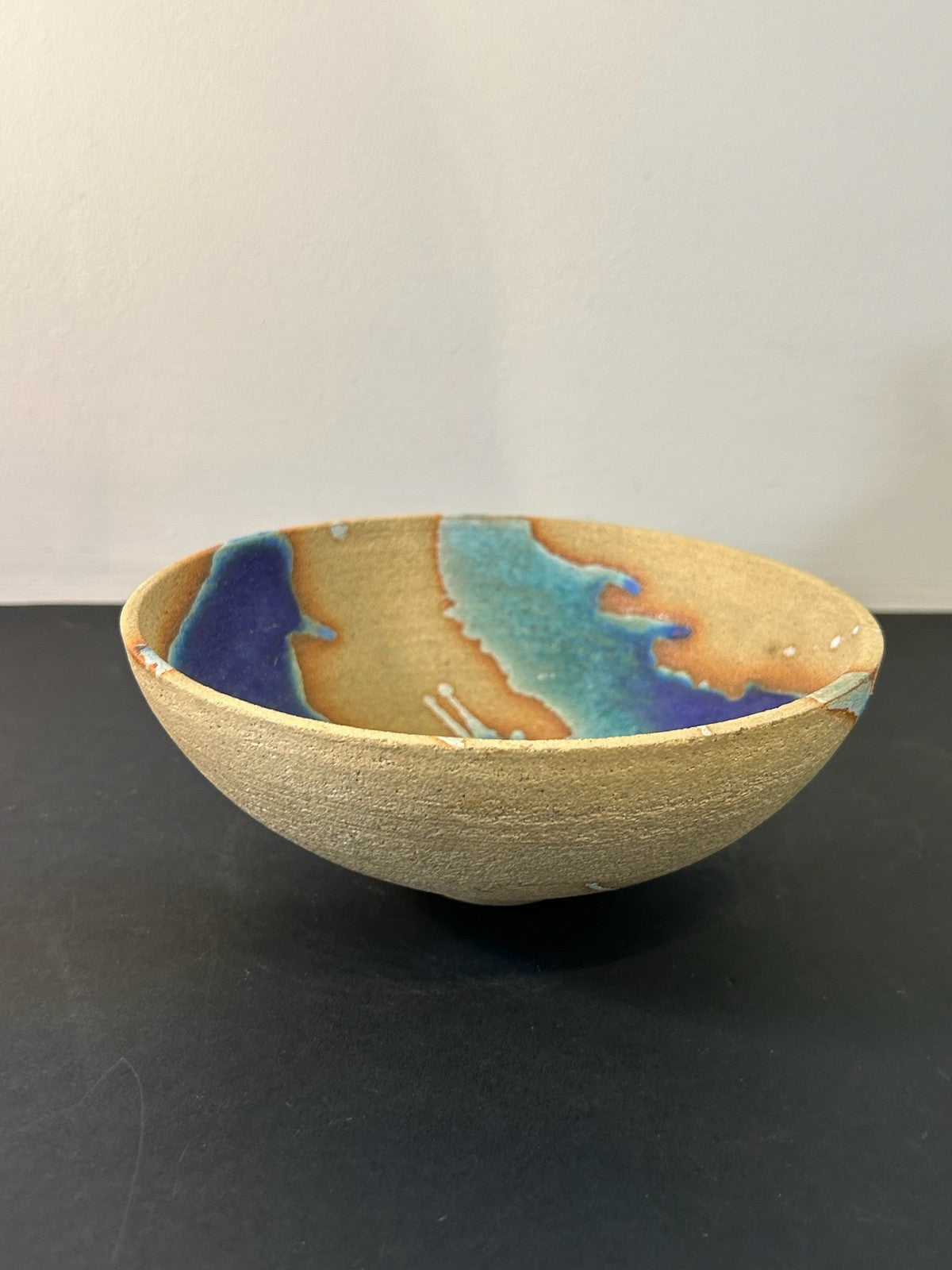 Studio Pottery Stoneware Bowl Blue Turquoise Amber Glaze Splashes 18cm1