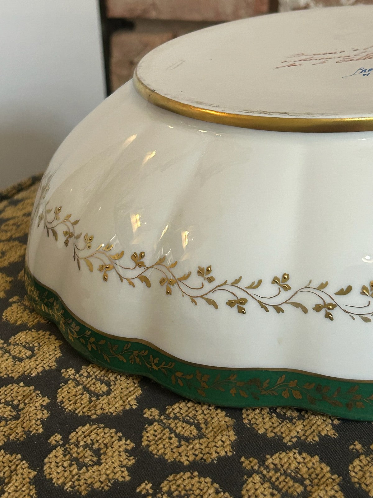 Le Tallec Paris Hand Painted Porcelain Bowl Green Gilt Border Floral Centre17