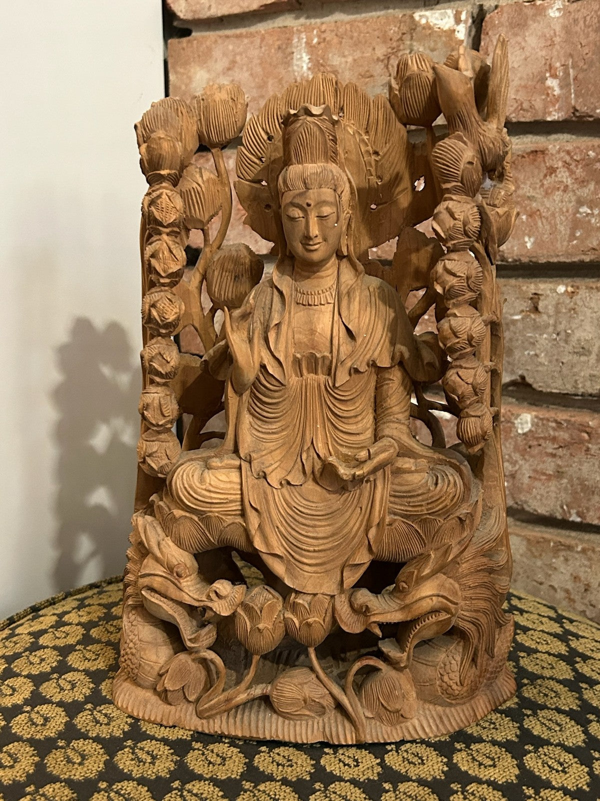Chinese Carved Wood Guanyin Figure Group Dragons Lotus Deeply Carved Panel1