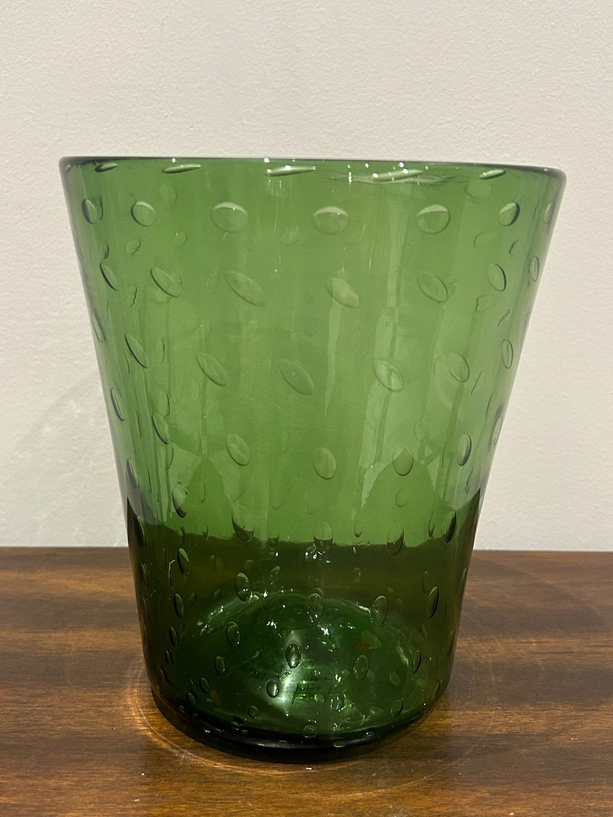 Green Art Glass Beaker Vase Controlled Bubbles Moulded Leaves5