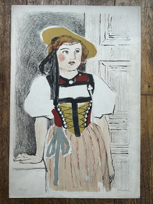 Colour Lithograph Swiss Girl in Traditional Costume Signed Numbered 15/200