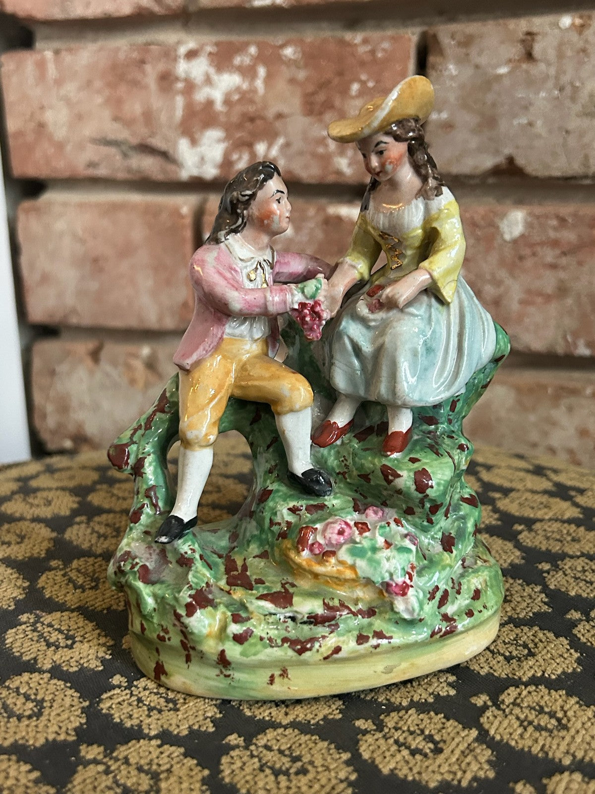 Antique Continental Porcelain Figural Group Courting Couple Flower Encrusted1