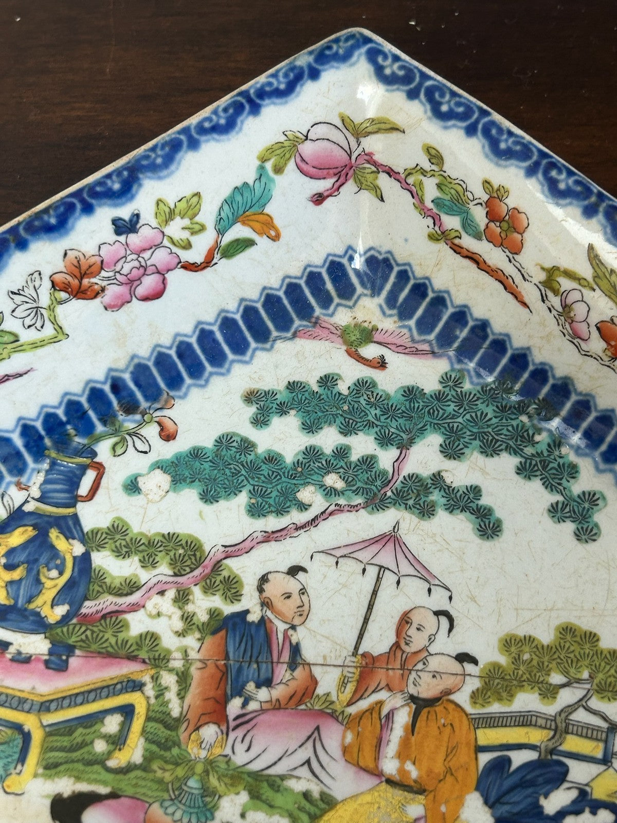 Antique Masons Style Ironstone Dish Chinoiserie Pagoda Blue Polychrome 19thC4