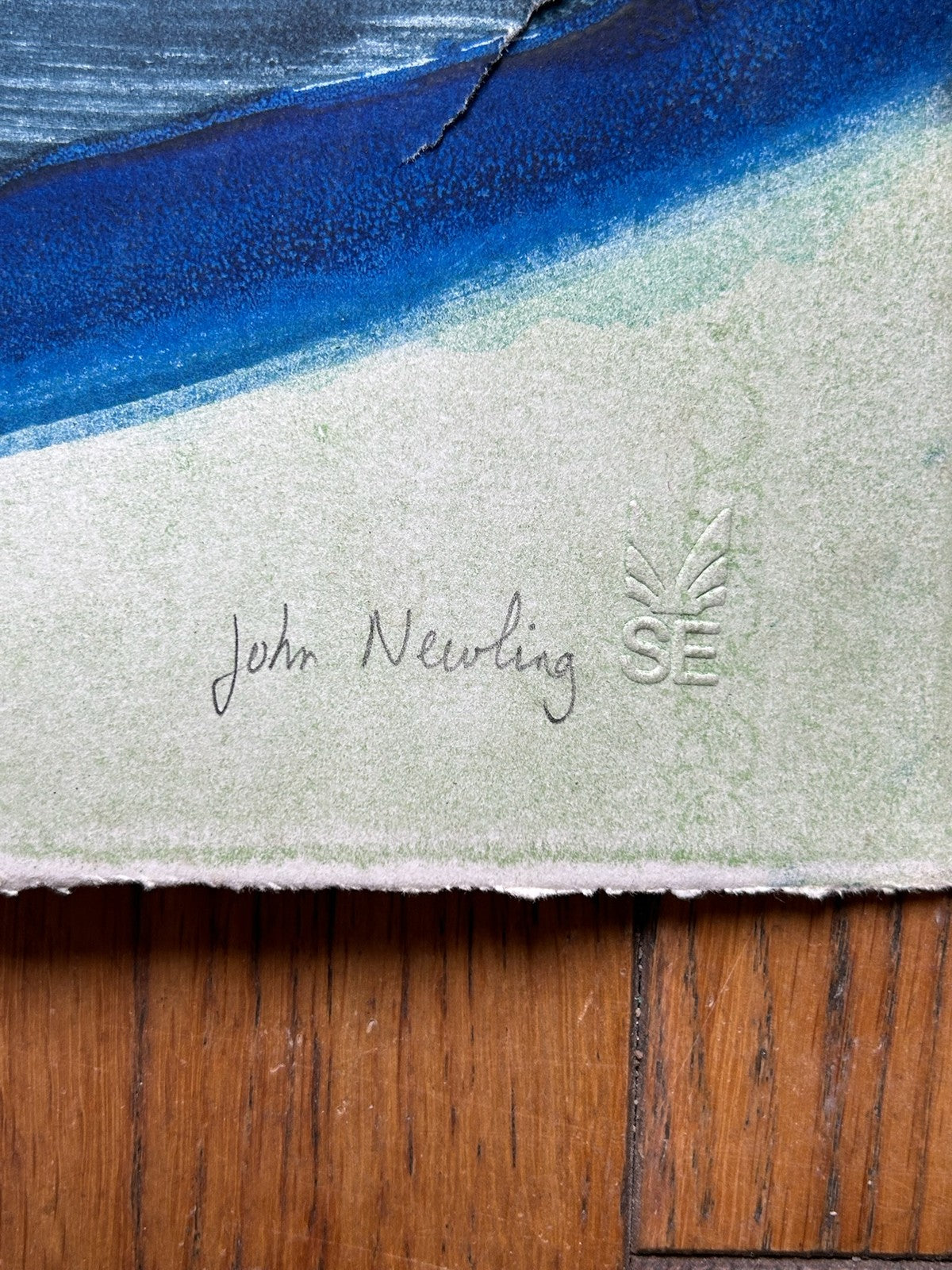 John Newling Signed Mixed Media on Paper Castle & Fish Blindstamp 108cm6