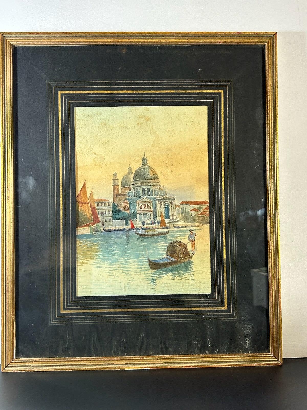 Vintage Venice Watercolour Santa Maria della Salute Gondola Grand Canal Framed0