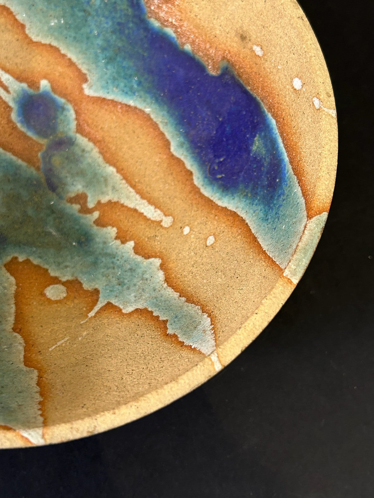 Studio Pottery Stoneware Bowl Blue Turquoise Amber Glaze Splashes 18cm5